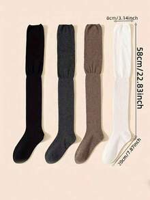 4 Pairs Women's Knee-High Socks - High Elasticity Thin Long Solid Color Polyester Yarn Tights, Suitable For All Seasons, Machine Washable, Perfect For Outdoor Casual Wear, Versatile Style With High Elasticity Material - Multicolor - View 4