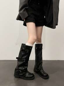 Multi-Buckle Ruched Stacked High-Top Boots, Plus Size Wide Foot Round Toe Side Zipper Cool Street Style Long Boots - Black - View 6