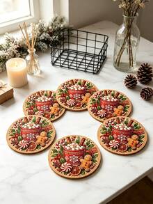 12/6pcs Set Christmas Gingerbread Man Theme Wooden Coaster Set - Christmas Gingerbread Man Design, Perfect For Home, Office, Cafe Or Tea Room Decoration And Holiday Table Setting | Holiday Coasters | Wooden Coasters, Desktop Protection Pads, Perfect Gift Choice, Home Bar Essential, Christmas Table Decor - View 8