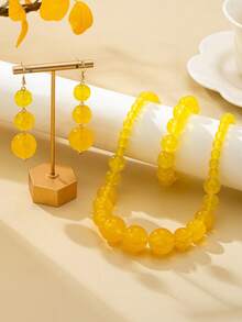 4pcs/Set Bohemian Style Acrylic Asymmetrical Geometric Beaded Pendant Bracelet, Earrings, Necklace Set, Suitable For Women's Daily, Summer, Vacation, Party, Festival Wear - Yellow - View 1