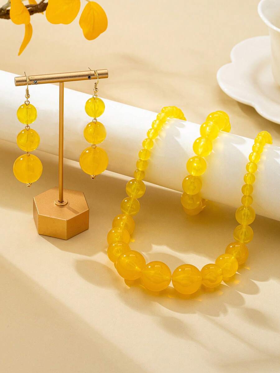 4pcs/Set Bohemian Style Acrylic Asymmetrical Geometric Beaded Pendant Bracelet, Earrings, Necklace Set, Suitable For Women's Daily, Summer, Vacation, Party, Festival Wear - Yellow - View 1