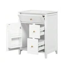 61 Cm Freestanding Vanity Unit In White With Ceramic Basin, Gold Handles, Flip-Out Drawer, Drawers, Side Shelf And Storage Under The Sink, Without Tap - 白色 - 查看 9