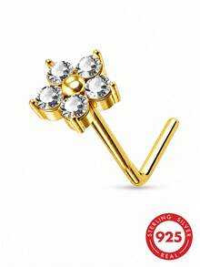 lunastudio 1pc 925 Sterling Silver Flower Rhinestone Nose Stud For Women Daily Wear - Gold - View 2