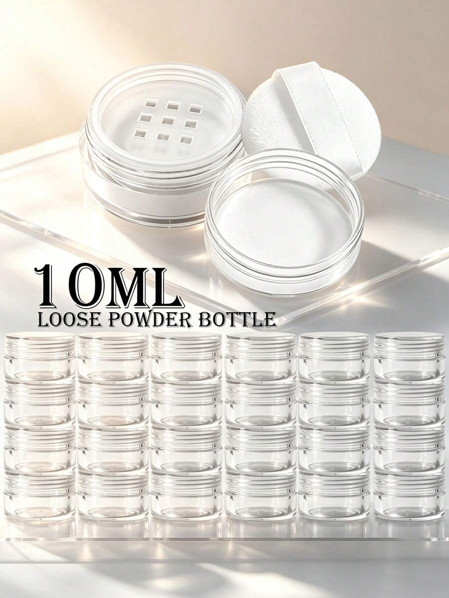 Sealed Leak-Proof Loose Powder Dispenser Box, 1/12/36pcs 10ML High Transparency Plastic Minimalist Transparent No Pattern Round Wide Mouth With 9-Grid Powder Sieve Spiral Sealed Lid And Flocked Powder Puff, Portable Makeup Refill Storage Empty Powder Jar For Travel, Daily Makeup DIY Storage