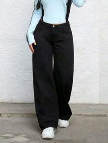 Teenage Girls' Fashion Solid Color Straight-Leg Jeans - Black - View 5