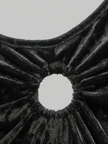 Women Fall Elegant Black Velvet Mini Dress, Round Neck Keyhole Cutout Ruched Long Sleeve Bodycon Dress Halloween Costume - Black - View 4
