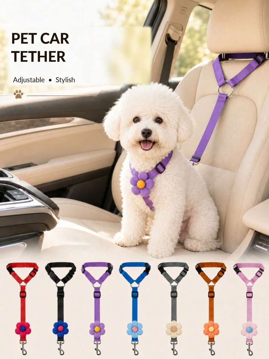 1pc Adjustable Pet Car Safety Tether, Vehicle Restraint Strap With Headrest Fixing Belt And Metal Clip, Suitable For Dogs, Cats And Small Pets, Ideal For Daily Commute, Walking, Training And Outdoor Use, Multi-Color Pet Car Accessories, Suitable For Rear Seat Travel And Camping - Multicolor - View 1