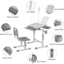 Juego de computadora y silla para niños, mesa de dibujo de altura ajustable con inclinación de 40 grados, luz LED, soporte para libros, color gris - Gris - Ver 2