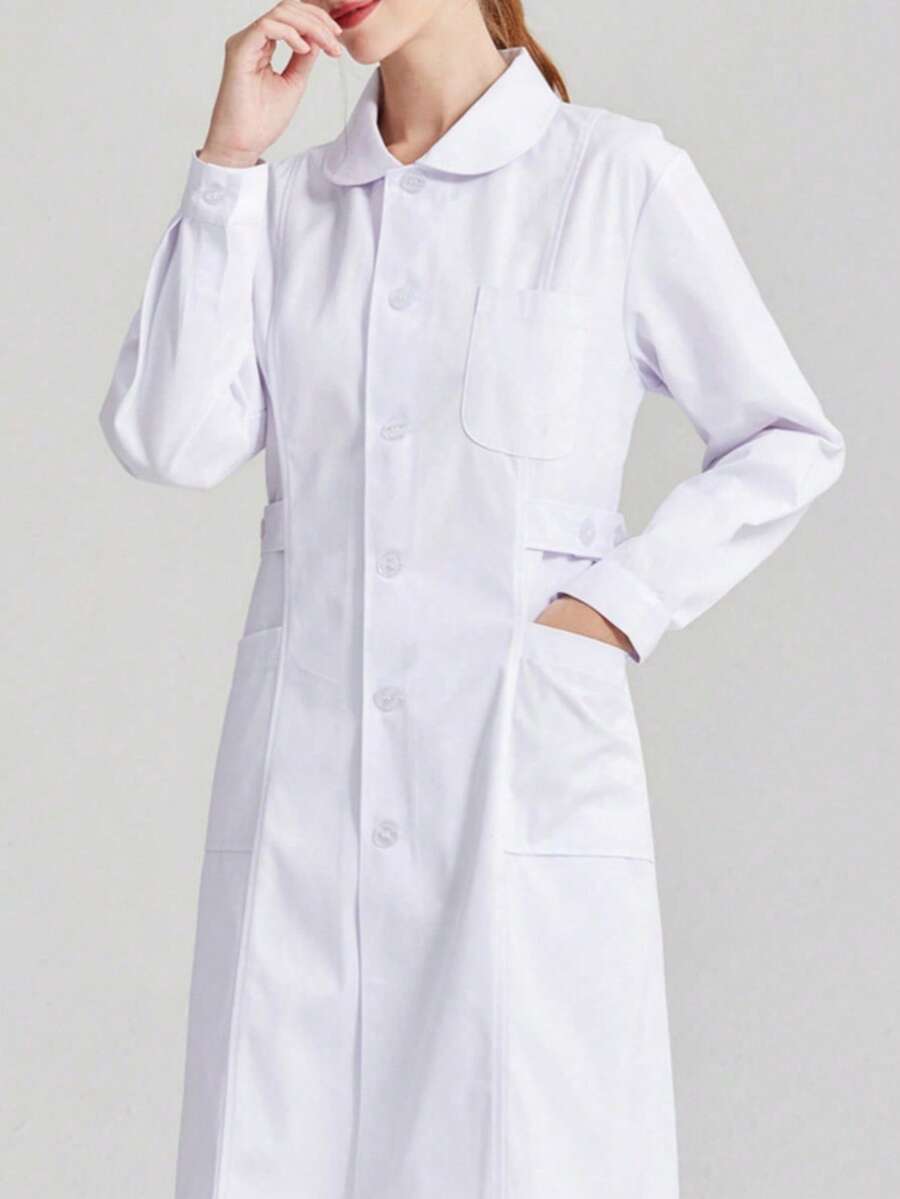 Women's Minimalist Button Long Sleeve Pocket Jacket Nurse Uniform - White - View 1