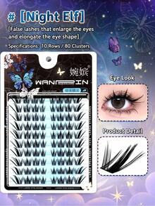 WANPIN WAN PIN Dark Elf 10 Rows 80 Clusters False Eyelashes, Natural Lightweight Cluster Lashes, Easy To Wear, Suitable For Beginners, Comfortable Segmented Eyelashes - C - View 1