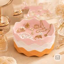 3pcs Stackable Wavy Jewelry Trays, Multi-Layer Cosmetic Organizer, Cute Wavy Edge Vanity Tray, Suitable For Rings, Earrings, Necklaces, Bracelets, Desktop Makeup Table Storage Tray, Bedroom Dressing Table Decor - Blue + White + Orange - View 6