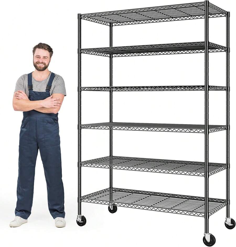 Estantería de almacenamiento con ruedas de 6 niveles, 82 pulgadas de alto x 45 pulgadas de ancho x 18 pulgadas de profundidad con ruedas de bloqueo, estante de metal resistente para cochera - Negro - Ver 1