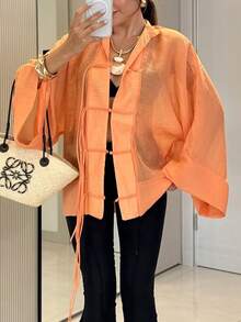New Fashion Elegant Solid Color Women's Vintage Shirt, Home Wear, All Season Top - Orange - View 5