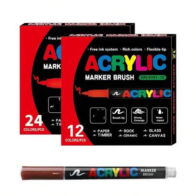 24 Colors Acrylic Paint Pens, Soft Brush Tip Acrylic Marker Pens, Quick Dry Waterproof, For Canvas, Rock Painting, Wood, Stone, Glass, Ceramic, Fabric DIY Crafts, Back To School Gift