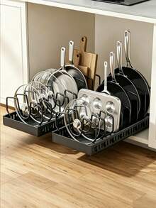 1pc Cabinet Pull-Out Storage Box For Pots, Pans, Bowls, Pull-Out Pot And Pan Organizer,Easy Assembly Large CapacityAdjustable Dividers Sliding Lid Holder And FlatBottom Pan Holder For The Kitchen. Sliding Can Store Lid, Baking Tools Plates. - Multicolor - View 1