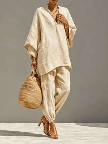 Women's Thin Solid Color Elegant Casual V-Neck Set - Champagne - View 4