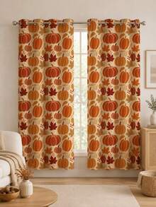 NOSBEI 2 Panel dengan Lubang Pengait + 3 Set Tirai Dapur dengan Kantong Batang, Tirai Linen Imitasi Motif dan Daun Maple Musim Gugur, Penyaring Cahaya, Dekorasi Jendela Rumah Pertanian untuk Hari Thanksgiving - MultiWarna - View 3