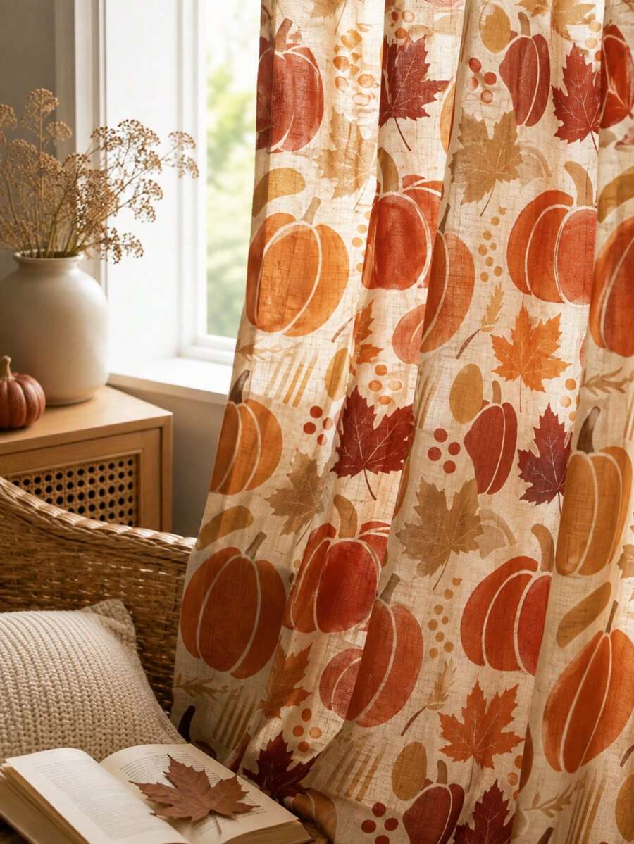 NOSBEI 2 Panel dengan Lubang Pengait + 3 Set Tirai Dapur dengan Kantong Batang, Tirai Linen Imitasi Motif dan Daun Maple Musim Gugur, Penyaring Cahaya, Dekorasi Jendela Rumah Pertanian untuk Hari Thanksgiving - MultiWarna - View 1