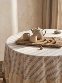 1pc Beige Base Blue Fine Striped Round Tablecloth, Natural Rustic Style Fabric, Round Beige With Scalloped Edge And Patchwork Detail, Decorative And Functional, Suitable For Daily Home And Rustic Dining Table Decor - Blue - View 2