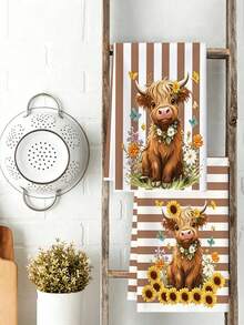 2pcs American Farm Style Highland Cow Print Towels, Brown & White Striped Sunflower Decor Kitchen Hand Towels, Soft & Absorbent Microfiber Towel Set, Suitable For Kitchen Decor, Dining Table Decor, Bathroom Decor, Warm Gift For Friends And Family - Multicolor - View 5