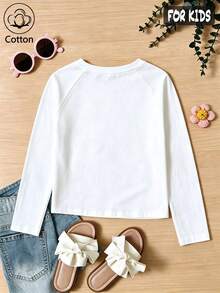 Girls Cotton Twill Long-Sleeved T-Shirt, Autumn/Winter Style, With Leopard-Print Bow Design, In A Cute And Sweet Preppy Style - White - View 6