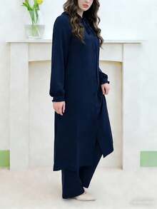 Autumn Luxury Deep Blue Ruffle Collar Long Sleeve Abaya Pants Set, Elegant Daily Commute Dress - Navy Blue - View 3