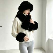 Women's Faux Fox Fur 3 Pieces Set, Plush Hat + Scarf + Arm Warmers, Winter Warm Faux Fur Accessories Set - Multicolor - View 15