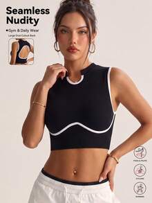 Women's Seamless Open Back Fitness Sports Cropped High Neck Contrast Color Trim Ribbed Tank Top, Suitable For Gym, Yoga, Casual Street Wear - Black - View 1