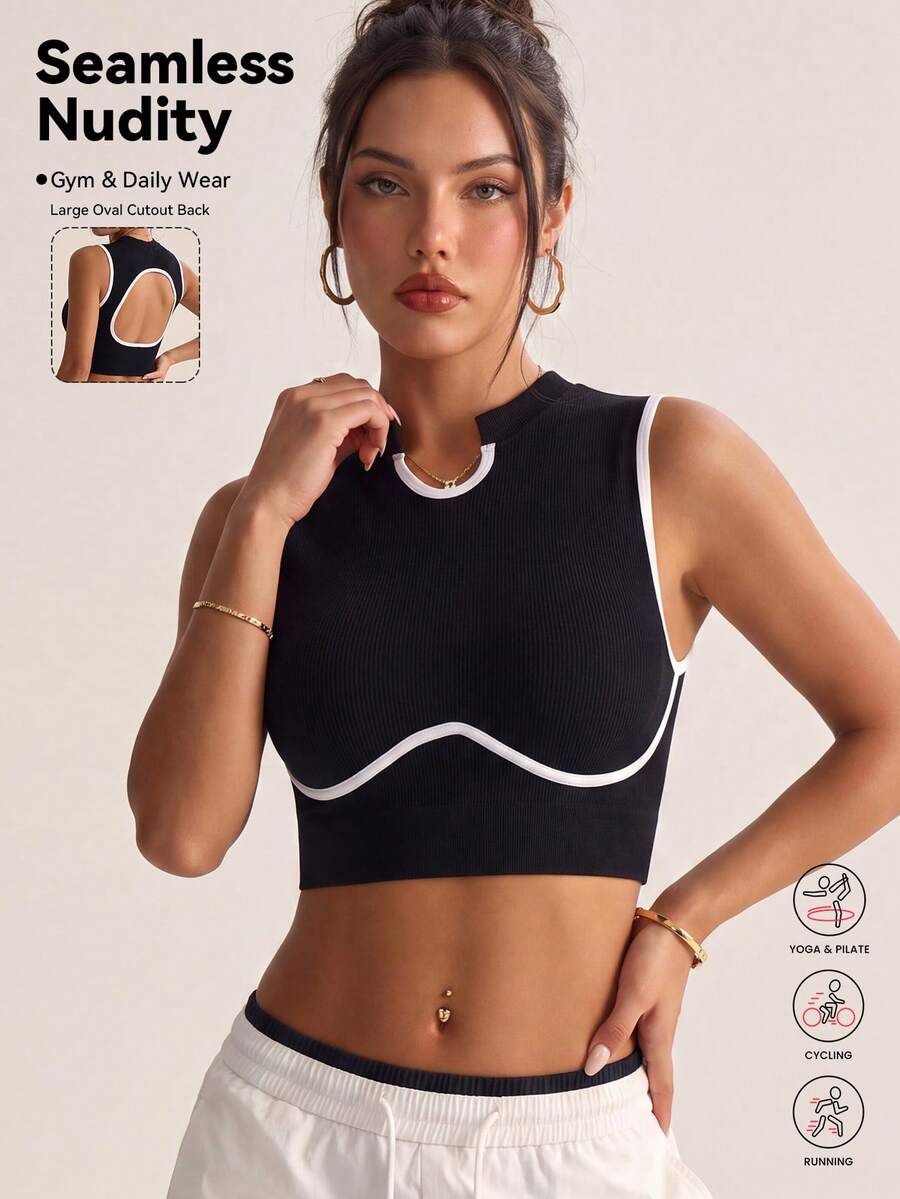 Women's Seamless Open Back Fitness Sports Cropped High Neck Contrast Color Trim Ribbed Tank Top, Suitable For Gym, Yoga, Casual Street Wear - Black - View 1