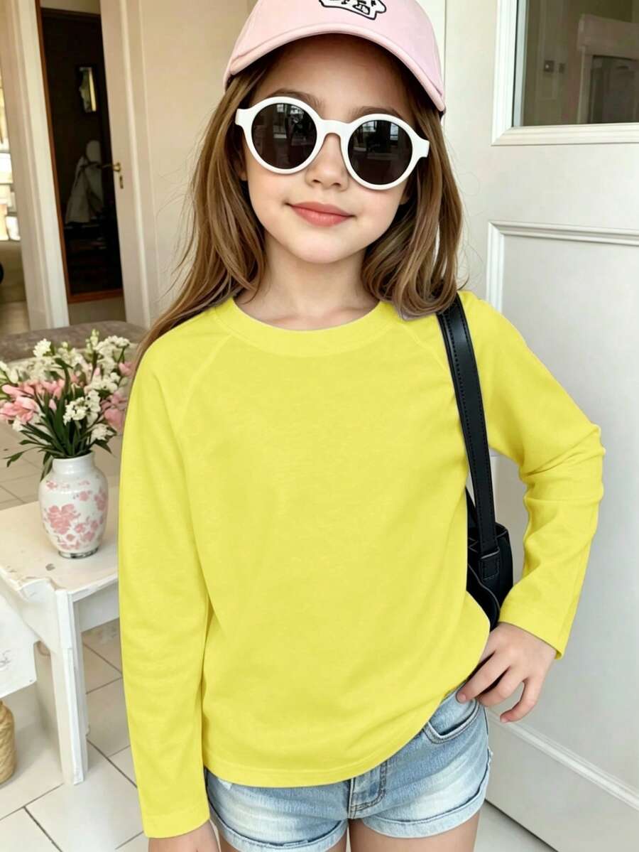 Autumn/Winter Ribbed Cotton Long Sleeve Top For Girls, Casual Sporty College Style - Bright Yellow - View 1