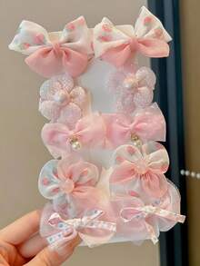 10pcs Sweet Pink Bow & Flower Hair Clips, Cute Lace & Pearl Decorated Hairpins, Women's Daily Hair Accessories Set - Pink - View 5