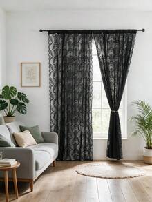 1pc Delicate Floral Lace Curtain, Suitable For Living Room, Bedroom, Kitchen Decor - Black - View 1