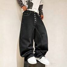 Modcrash Men's Japanese Street Style Balloon Jeans, Button-Up Curved Leg Loose Fit Wide Leg Denim Pants, Casual Versatile Long Trousers - Black - View 5