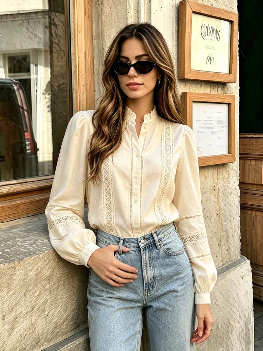 Women's Vintage Blouse With Ruffled Lace Hollow-Out Lantern Sleeves - Apricot - View 1