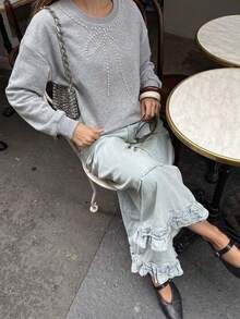 Women's Fashion Grey Hooded Pullover Sweatshirt With Wavy Trim And Drawstring - Grey - View 4