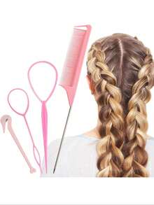 Set 4 Alat Penata Rambut Topsy Tail, Alat Kepang dan Penggulung dengan Sisir Ekor Tikus dan Aksesori Rambut Ekor Kuda - Baby Pink - View 1