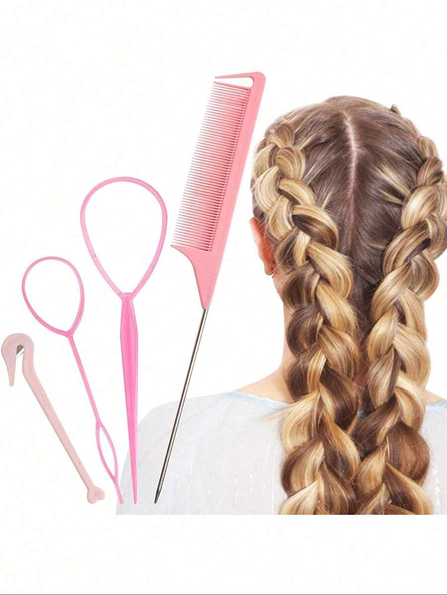 Set 4 Alat Penata Rambut Topsy Tail, Alat Kepang dan Penggulung dengan Sisir Ekor Tikus dan Aksesori Rambut Ekor Kuda - Baby Pink - View 1