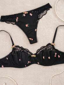 DAZY 1set Women's Black Floral Lace Trim Bra Set, Lingerie - Black - View 3