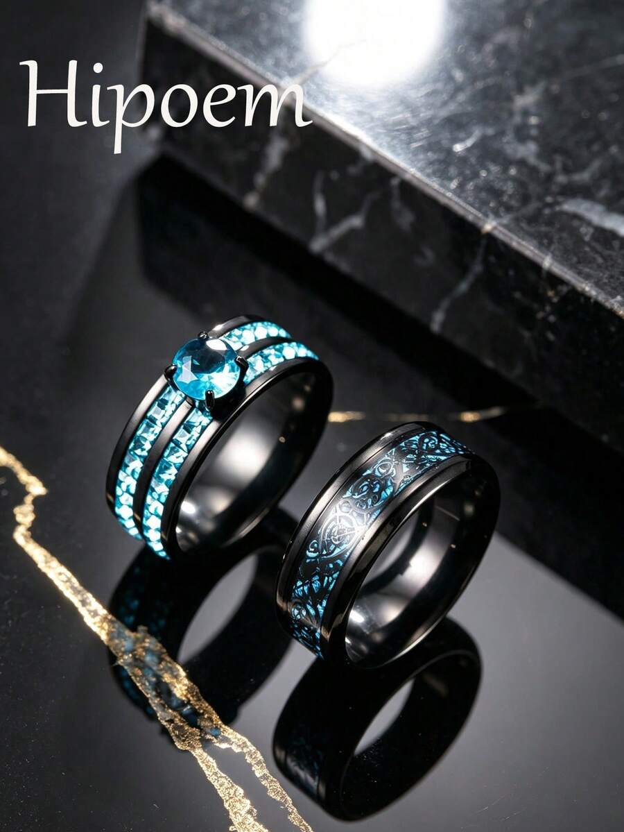 2pcs Fashion Stainless Steel Star Zirconia Open Adjustable Rings, Men's & Women's Birthday Date Outfit Accessories - Black - View 1
