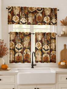 NOSBEI 2PCS Grommet Panels + 3PCS Rod Pocket Kitchen Set, Halloween Stained Glass Ghost, Skeleton And Pumpkin Faux Linen Curtains, Light Filtering Valance And Tiers, Gothic Decor - Multicolor - View 14