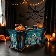 1pc Cartoon Happy Halloween Slogan Print High Elasticity Tablecloth With Elastic Band Full Edge - Stretchable Fit, Washable And Reusable Table Cover Suitable For Dining Table, Buffet Table, Dessert Table, Banquet, Holiday Party Decoration, Halloween, Birthday, Wedding - Suitable For Kitchen Use - Multicolor - View 2
