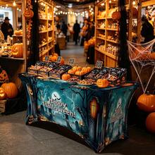 1pc Cartoon Happy Halloween Slogan Print High Elasticity Tablecloth With Elastic Band Full Edge - Stretchable Fit, Washable And Reusable Table Cover Suitable For Dining Table, Buffet Table, Dessert Table, Banquet, Holiday Party Decoration, Halloween, Birthday, Wedding - Suitable For Kitchen Use - Multicolor - View 5