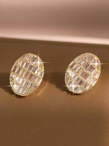 1pair Glamorous Oval Cubic Zirconia Stud Earrings,Geometric Jewelry Accessory For Daily Wear,Holidays Gifts,Aesthetic - Yellow Gold - View 4