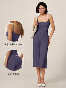 TimeOff Women's One Set Solid Color Adjustable Strap Camisole & Wide Leg Mid-Length Pants Sports Set - Purple - View 9
