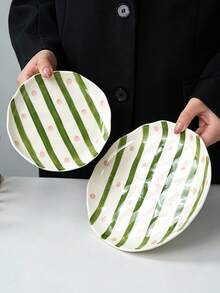 2pcs/1pc Hand Painted Striped & Polka Dot Ceramic Plates Set, Asymmetrical Wavy Rim Dinner Plates, Green Stripe Pink Dot Salad Dessert Serving Dishes, Microwave & Dishwasher , Tableware For Home Kitchen - Multicolor - View 8