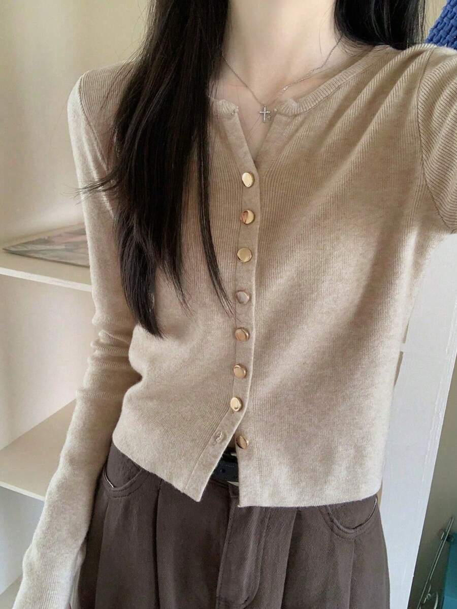 Autumn/Winter Korean Style Fitted Solid Color Single-Breasted Knit Cardigan Sweater Jacket For Women
