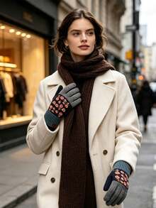 1pc Retro Color-Blocked Floral Pattern Knitted Gloves, Retro Mori Girl Style, Five-Finger Split Fit, Touchscreen Exposed Fingertips, Ribbed Cuffs, Suitable For Commuting, Outdoor Activities, And Everyday Life In Autumn And Winter. - Multicolor - View 5