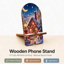 Wooden Phone Stand/Tablet Stand/Adjustable Portable Stand, 2D Printed Christmas Cottage Snowman Night Scene Pattern, Independence Day Back To School Wedding Season Munich Beer Festival Gift, Slouchy Hands-Free Charging Convenient Desktop Decor - D - View 8
