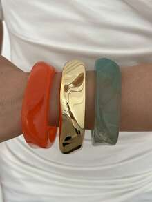 3/1pc Vintage Minimalist Casual Style Women's Asymmetrical Geometric Shape Gold CCB And Multicolor Acrylic Bracelets, Suitable For Daily Wear And Summer Beach Vacation, Can Be Layered, Perfect Gift Choice For Holidays - Multicolor - View 7