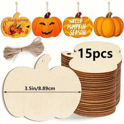 15/30pcs Wooden Mini Pumpkin Decor With 10m Jute Rope - Autumn Harvest Festival Thanksgiving Garden Farm Decoration Craft Supplies Halloween